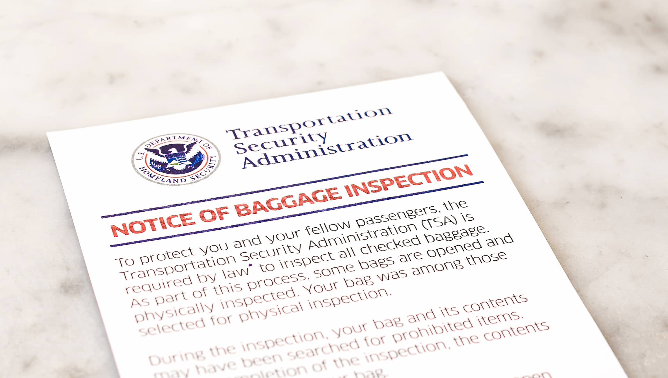 TSA Notice of Baggage Inspection
